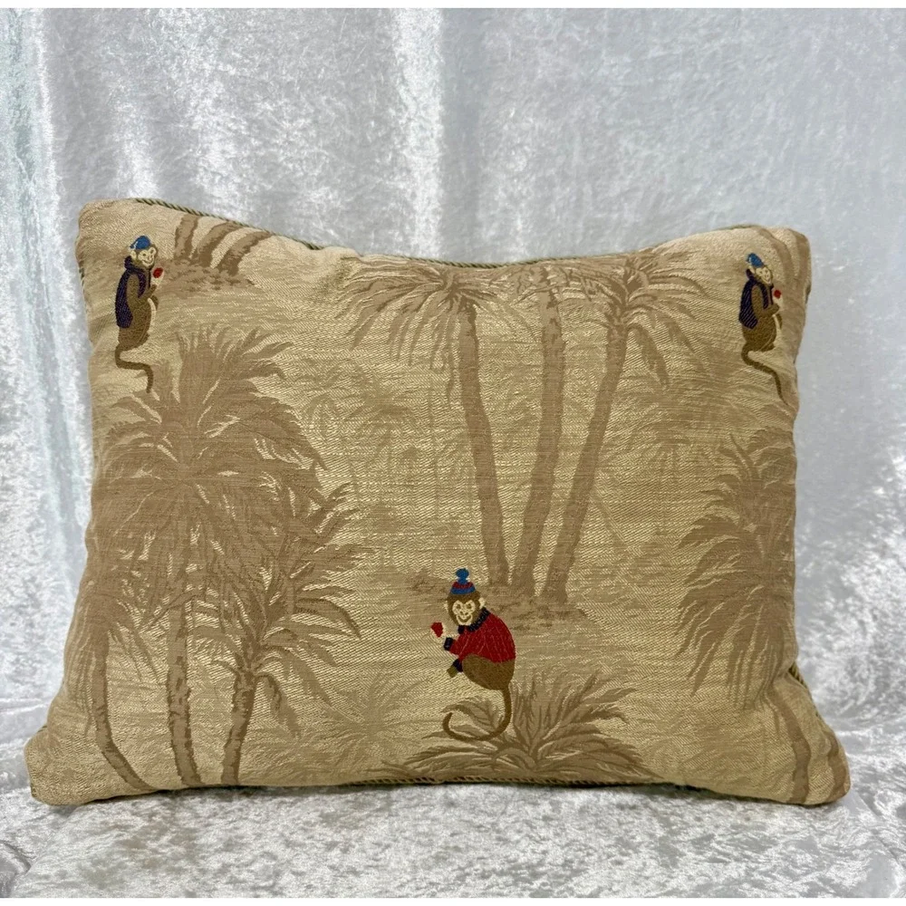 Tropical Monkey Tapestry Throw Pillow Tan Palm Tree Safari Decor Trimmed 18 x 14
